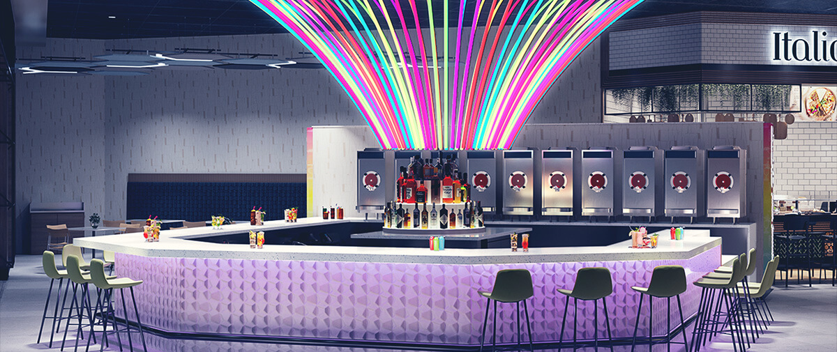 Curved frozen-daiquiri bar with neon rainbow arch, a row of slush machines, purple-lit counter, and bar stools