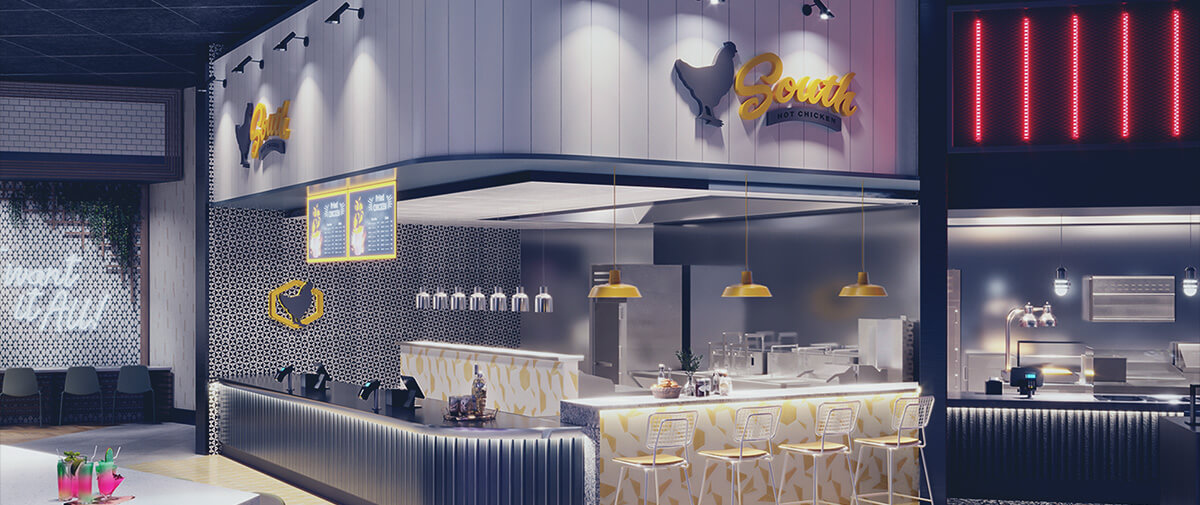 South Hot Chicken counter with yellow signage and pendants, white paneling, patterned front, and counter stools.