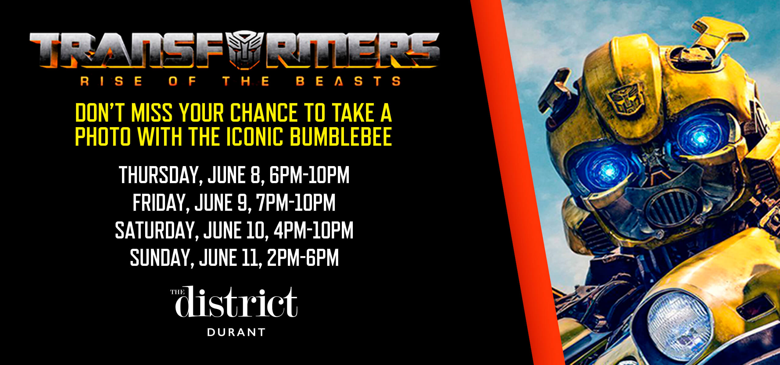 Transformers: Rise of the Beasts promo—photo op with Bumblebee at The District Durant.