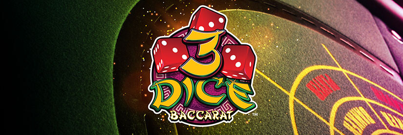 Web banner for 3 Dice Baccarat featuring three dice over a casino table background