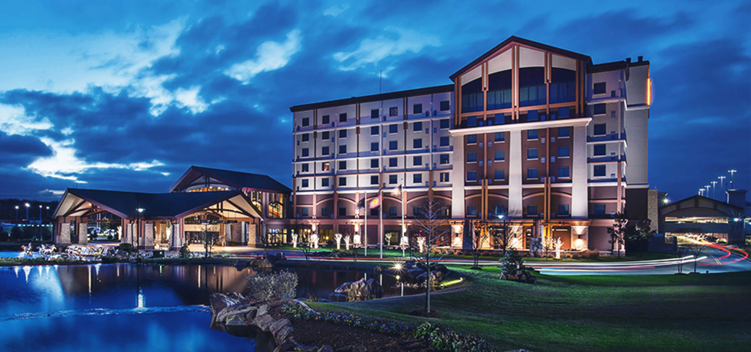 Exterior of Choctaw Casino & Resort – Pocola with illuminated signage and the main entrance canopy