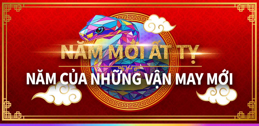 Red Lunar New Year graphic with a mosaic snake and Vietnamese text, framed by gold borders and clouds