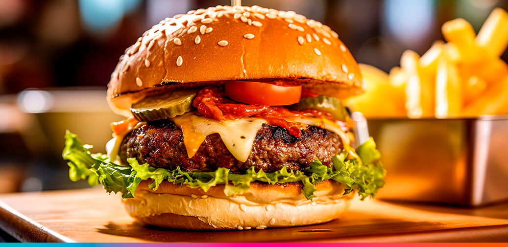 Black-and-white photo of a cheeseburger with fries.