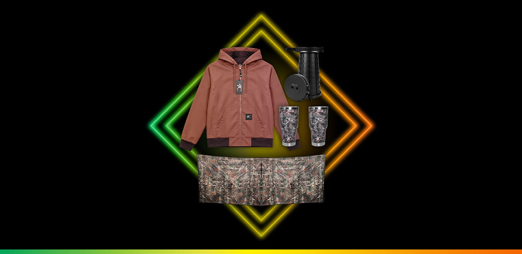Outdoor prize package with a gray jacket, two camouflage tumblers, and matching accessories.