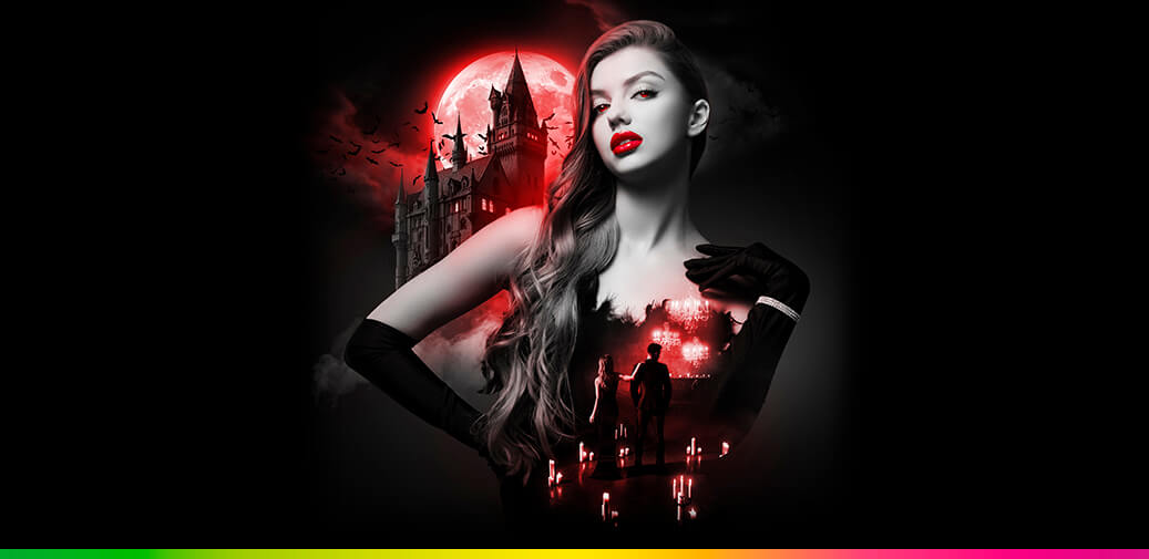 Woman posing in front of a moonlit haunted castle with bats.