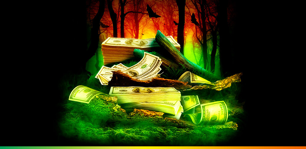 Stacks of cash scattered among fallen logs in a dark, eerie forest.