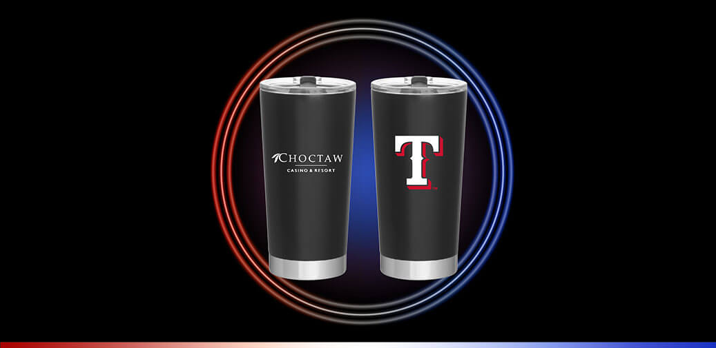 Black tumbler with TX Ranger and Choctaw logo